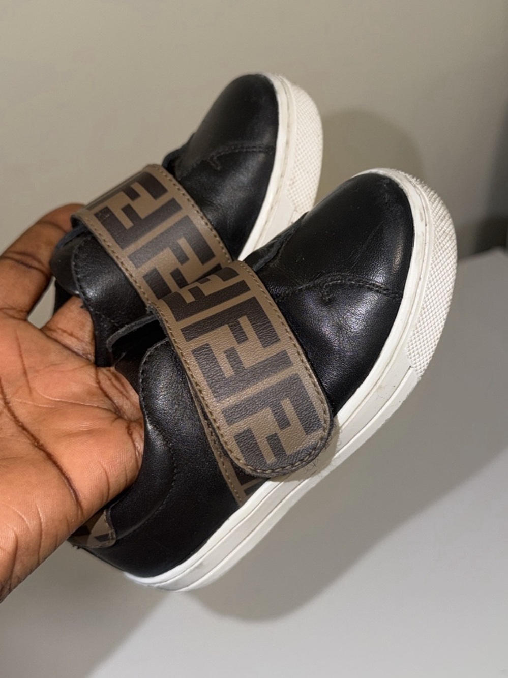 Fendi Kids Black Sneakers with Brown Accent Strap